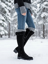 cheap Snow &amp; Winter Boots-Women's Brown Lace-Up Fur Lined Boots - Knee-High Winter Boots with Warm Faux Fur Collar for Outdoor Snow and Holiday Wear