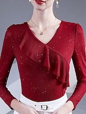 preiswerte Einfarbiges T-Shirt-Damen Elegante Oberteile Elegant Schwarz Weiß Rote Herbst Winter