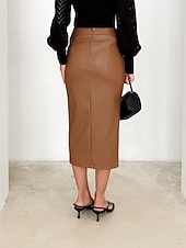 abordables Faldas Formales-Mujer Elegante Moda Midi Alta cintura Faldas Plano Frunce Puntas abiertas Rígido Diario Calle Rojo tinto Negro Marrón Beige Primavera