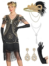 abordables Vestidos de los años 20-Conjunto Rugido 20s 1920s Hasta la Rodilla Vestidos Vestido Flapper Accesorios con accesorios Hombro frío Mangas cortas El gran Gatsby charlestón Lentejuelas Borlas Pluma Escote en Pico Disfraz Mujer