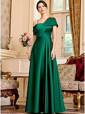 preiswerte Bodenlänge-A-Linie Bodenlang Knöchellänge Partykleid Cocktailkleid Kurzarm Schulterfrei Elegant Minimalistisch Formell Hochzeitsgast Satin Brautmutterkleid mit Einfarbig