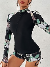 baratos Tankinis-Maiô Tankini Feminino 2 Peças Short Controle de Barriga Cintura Alta Slim Costas Descobertas Roupas de Praia de Férias Floral Folhas Decote Alto Com Mangas Longas