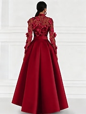 cheap A-Line Evening Dresses-A-Line Floor Length Evening Gown Ball Gown Formal Dress Elegant Long Sleeve Shirt Collar Formal Holiday Pocket Satin Lace with Embroidery