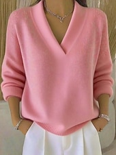 cheap Plain Pullover-Women&#039;s Sweater Elegant Fashion Cute Solid Color Ribbed V Neck Knitted Braided Long Sleeve Regular Tops Knit Formal Outdoor Home Wine Red Pink Spring Fall