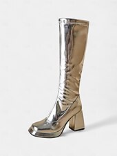 levne 80. léta 20. století-Dámské stříbrné go-go kozačky s robustním podpatkem a detailem na zip, retro styl 80. let, ideální na diskotékové párty, večerní zábavu a kostýmní akce