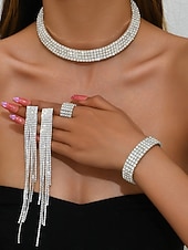 Недорогие Женское ожерелье-Женский комплект украшений из золота со стразами: сверкающее колье, серьги, браслет &amp;набор колец для коктейльных вечеринок, свадеб и официальных мероприятий