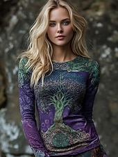 Недорогие Бохо футболка-Жен. Футболка С принтом Графика Винтаж Богемия Винтаж Мода Длинный рукав Вырез под горло Обычные топы Повседневные выходные Лиловый Весна Осень Зима