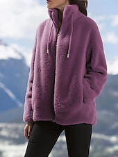 billiga Sherpa-jackor-Dam Vinterkappa Teddyrock Håller värmen Bekväm Snörning Dragkedja Elegant Plysh Ledigt Ensfärgat Hem Ledigt Kort Hög krage Normal Långärmad Ytterkläder Rubinrött Purpur Grön Vår Höst