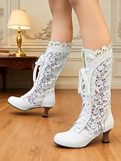 cheap Victorian &amp; Edwardian-Women's White Lace-Up Vintage Lace Boots with Heel – 1920s Elegant Victorian Style, Perfect for Formal Events, Weddings and Vintage Fashion Lovers