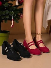 cheap 1950s Retro-Women's 1950s Vintage Red Mary Jane Pumps with Double Straps – Comfortable Block Heels for Christmas, Holiday Parties and Office Wear