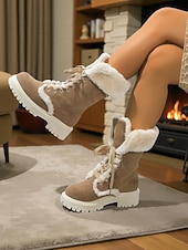 abordables Bottes de neige et d'hiver-Bottes d'hiver à lacets doublées de fausse fourrure pour femmes - bottes de neige chaudes en daim avec semelle antidérapante pour temps froid et activités de plein air