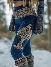 preiswerte Viking-Druck-Damen Viking Boho Leggings Vintage Ethno-Stil Volleng Hochschnitt Grafisch Abstrakt 3D-Druck Schnell trocknend Atmungsaktiv Weich Dehnbar Formal Outdoor Urlaub