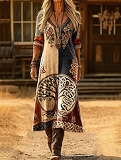 Недорогие Бохо платье-Женское макси-платье Boho Платье-обтягиватель Вечеринка Повседневное Ежедневная Встреча На выход Обычная посадка Графический Геометрический Пейсли Длинный рукав V-образный вырез Синий Черный