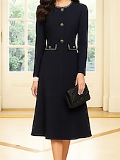 cheap Tea Length-A-Line Tea Length Party Dress Cocktail Dress Wedding Guest Dress Mother of the Bride Dress Long Sleeve Crew Neck Elegant Formal Cotton Blend with Buttons