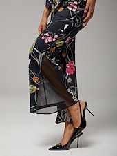  damesbroek stretchstof bloemenprint chiffon transparante panelen uitlopende pijp elastische taille elegant comfortabel dagelijks werk herfst