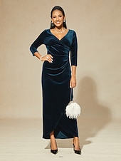  Per donna Abito maxi Abito a Portafoglio Elegante Festa serale Ospite di nozze Asimmetrico Vestibilità regolare Tinta unica Manica 3/4 Scollo a V Blu marino