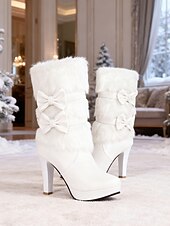 levne Sníh a zimní boty-Dámské bílé sněhule na vysokém podpatku z umělé kožešiny s mašlí - elegantní zimní obuv se zapínáním na zip, elegantní pro formální i sváteční příležitosti