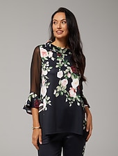 preiswerte Hemden, Tops und Blusen-Damen Bluse schwarz Blumendruck Stretch Chiffon Ärmel U-Boot-Ausschnitt lässig bequem Frühling Sommer Herbst Urlaub