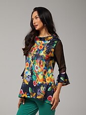 preiswerte Hemden, Tops und Blusen-Damen Bluse schwarz Blumendruck Stretch Chiffon Ärmel U-Boot-Ausschnitt lässig bequem Frühling Sommer Herbst Urlaub
