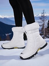 preiswerte Schnee- und Winterstiefel-Weiße Damen-Winterstiefel mit Fellbesatz – wasserdichte Schnürstiefeletten mit Plateau für Wandern, Skitouren und Wintersport