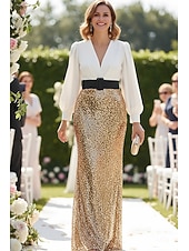 cheap Sheath Evening Dresses-Sheath Column Floor Length Sequin Dress Mother of the Bride Dress Long Sleeve V Neck Elegant Satin Sequined with Sash / Ribbon