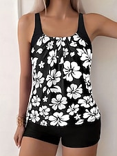 Χαμηλού Κόστους Τανκίνι-Γυναικείο Τανκίνι 2 Κομμάτια Μαγιό Σορτσάκι Έλεγχος Κοιλιάς Ψηλόμεσο Λεπτό Χωρίς Πλάτη Θέρετρο Παραλίας Λουλούδια U Λαιμός Αμάνικο Μαγιό