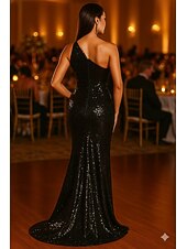 preiswerte Meerjungfrau Abendkleider-Meerjungfrauenschnitt Bodenlang Abendkleid Elegant Glitzern Ärmellos Ein-Schulter Formell Hochzeit Paillettenbesetzt Tiefer Wasserfall-Rückenausschnitt mit Glitzer