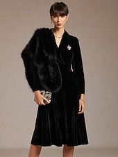 abordables Robe Simple-Femmes Robe Midi Robe trapèze Élégant Soirée Coupe régulière Couleur Unie manche longue Col en V Noir Printemps Automne Hiver