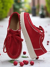 abordables Femmes-Chaussures rouges décontractées à lacets pour femmes - mocassins plats souples et antidérapants, chaussures confortables au quotidien pour Noël, le shopping et les voyages