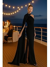 cheap Sheath Evening Dresses-Sheath / Column Floor Length Ball Gown with Cape Evening Gown Ball Gown Elegant High Split Sleeveless High Neck Formal Wedding Pocket Stretch Crepe with Pleats Appliques