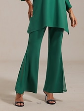 levne dámské kalhoty-Dámské kalhoty, strečová tkanina, šifon, průsvitné panely, rozšířené nohavice, elastický pas, elegantní, pohodlné, do práce, podzim