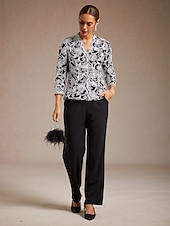  女性用 ドレッシーなトップス 刺繍 フラワー ペーズリー エレガント 七分袖 Ｖネック レギュラートップス ワーク パーティー セミフォーマル ブラック 春 秋 冬