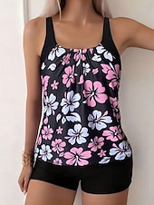 Χαμηλού Κόστους Τανκίνι-Γυναικείο Τανκίνι 2 Κομμάτια Μαγιό Σορτσάκι Έλεγχος Κοιλιάς Ψηλόμεσο Λεπτό Χωρίς Πλάτη Θέρετρο Παραλίας Λουλούδια U Λαιμός Αμάνικο Μαγιό