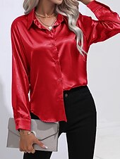 abordables Blouses Unies-Femmes Chemise Elegant Haut en satin Chemisier Boutons Uni Élégant ancien manche longue Col de chemise Hauts Réguliers Fête Sortir Jaune Rouge Bleu Roi Rose Gris Été Printemps