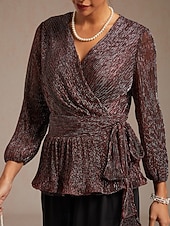  Mulheres Tops elegantes Pregueado Purpurina Brilhante Elegante Manga lanterna Decote V Tops regulares Convidado do casamento Traje de festa para noite Roupa de Trabalho Vinho Primavera / Outono