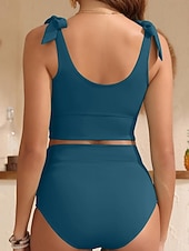 abordables Conjuntos de bikini-Bikini de mujer de 2 piezas bragas delgadas espalda descubierta ropa de playa de vacaciones trajes de baño en color sólido de cuello U sin mangas