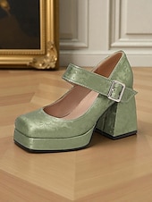 billiga Pumps med blockklack-Gröna blommiga platåskor i konstläder med Mary Jane-spänne för kvinnor - vintageklackar från 1950-talet för formella tillfällen, fester och bröllop
