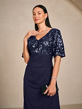  Damen Maxikleid Kleider mit Empire-Taille Elegant Flattrige Ärmel Abendgesellschaft Pailletten Spitze Netz Normale Passform Blumen Halbarm V Ausschnitt Marineblau