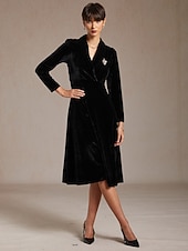 abordables Robe Simple-Femmes Robe Midi Robe trapèze Élégant Soirée Coupe régulière Couleur Unie manche longue Col en V Noir Printemps Automne Hiver