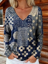 billige Boho t-skjorte-Dame Boho T-skjorte Grafikk Planter Tribal Vintage Stilfull Klassisk Langermet V-hals Vanlige Topper Daglig Trykk Blå Lys Grønn Vin Marineblå Fuchsia Vår Høst Vinter