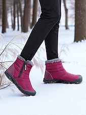 cheap Snow &amp; Winter Boots-Women's Burgundy Fur Lined Ankle Boots - Waterproof Winter Snow Shoes with Anti-Slip Rubber Sole, Warm Cozy Footwear for Outdoor and Casual Wear