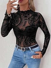 levne Krajkové topy-Dámské Halenka Slátanina Síťka Pevná barva stylové Na běžné nošení Dlouhý rukáv Rolák Běžné topy Denní Černá Jaro Podzim