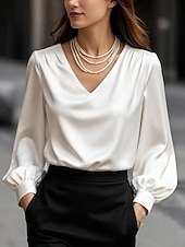 お買い得  ドレッシーブラウス-女性用 シャツ Elegant ドレッシー サテントップ 平織り 日常 レトリ／ヴィンテージ Ｖネック レギュラートップス ブラック ホワイト ルビーレッド アプリコット 秋