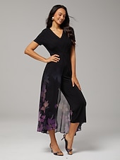 billige uformell kjole-damejumpsuit svart tencel chiffon gradient paneled imitert todelt flagrende gjennomsiktig stretch blomstertrykk v-hals fest ferie vår sommer