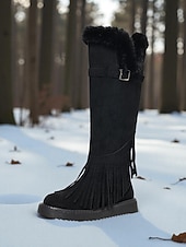 abordables Snow &amp; Winter Boots-Women's Green Fringe Faux Suede Snow Boots with Fur Lining – Stylish Knee-High Winter Boots Footwear for Cold Weather, Snow and Outdoor Adventures