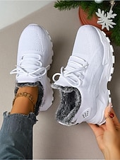 tanie Trampki damskie-Damskie czerwone trampki z podszewką z polaru - ciepłe, dzianinowe buty codzienne z antypoślizgową podeszwą, wygodne obuwie świąteczne na zimowe spacery i podróże