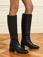 baratos Botas da moda-Botas femininas brancas de cano alto em couro sintético com salto bloco – calçado elegante de bico quadrado para o inverno, outono e ocasiões formais.