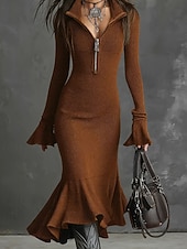baratos Vestidos de suéter-Mulheres Vestido midi Vestido Suéte Vestidos De Sereia Trompete Elegante Moderno Férias Feriado Encontro Delgado Tecido Manga Longa Colarinho de Camisa Preto Verde Tropa Castanho Claro Marron