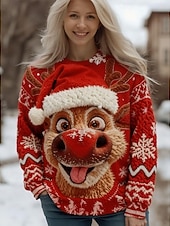 billige Julegensere-Dame Genser søt stil Gatemote Fritid Grafisk julenissen snowflakes Crew-hals Lapper Strikket Langermet Vanlige topper Strikke Jul Fest Ferie Rødbrun Hvit Vår Høst