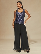 お買い得  レディースブラウススーツ-女性用 ブラウス 2 ピースの衣装 ドレッシーなトップス スパンコール 刺繍 フラワー エレガント 七分袖 スタンドカラー レギュラートップス パーティー ネイビーブルー 春 秋 冬